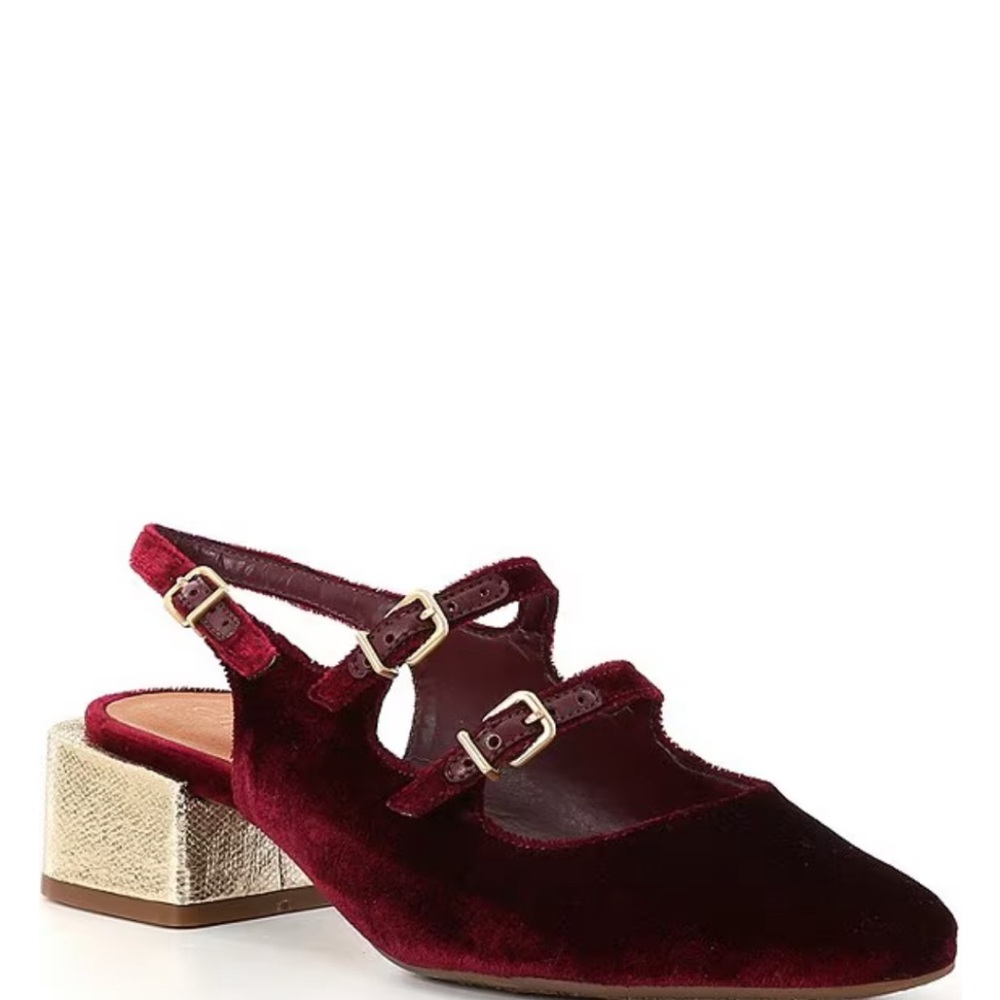 NEW NWT Chelsea & Violet Burgundy Velvet Heels with Gold Accents